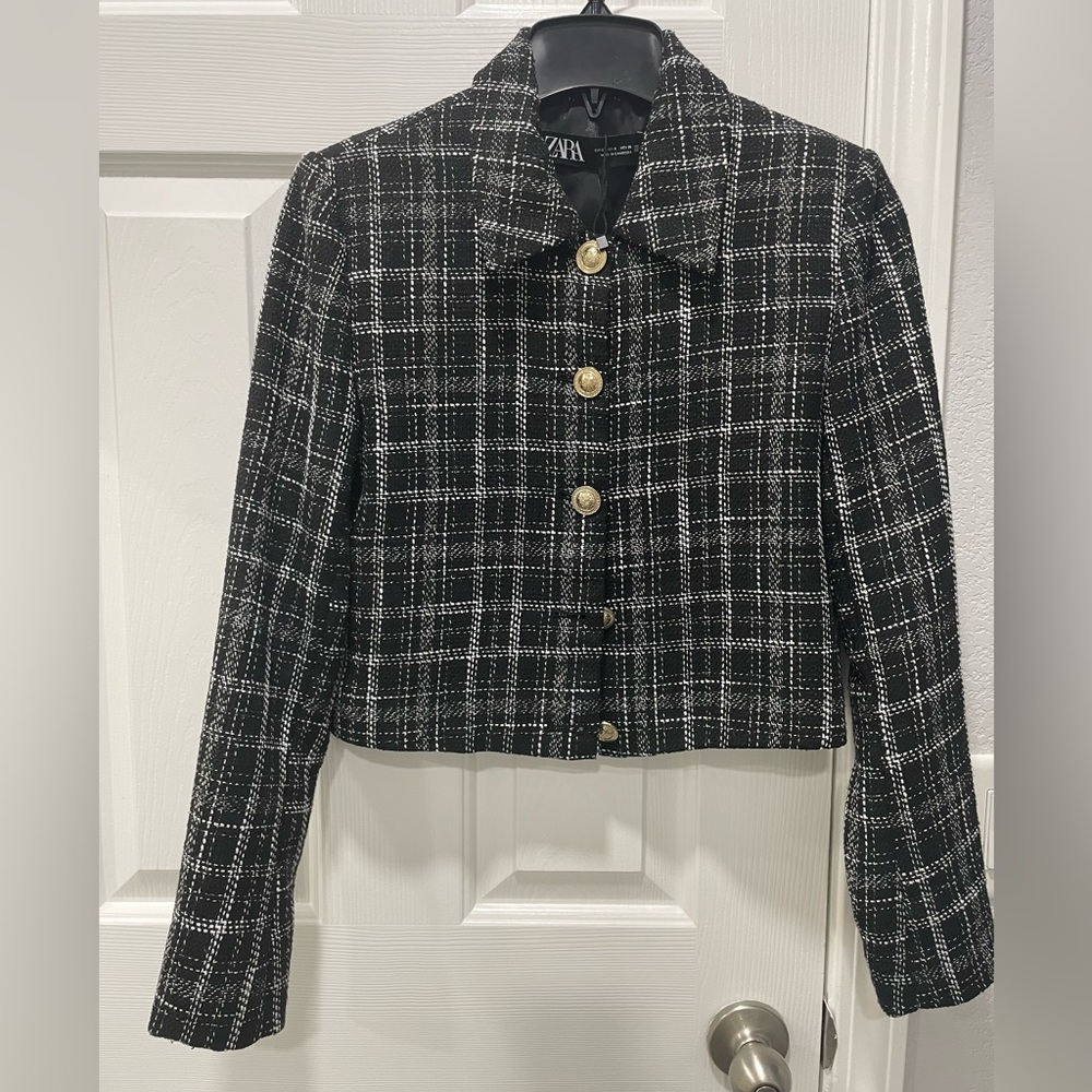 Zara Black and White Plaid Cropped Tweed Jacket with Gold Buttons